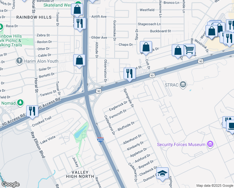 map of restaurants, bars, coffee shops, grocery stores, and more near 13190 West US Highway 90 in San Antonio