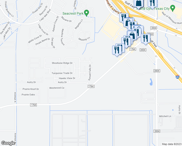 map of restaurants, bars, coffee shops, grocery stores, and more near 101 Santa Fe Creek Court in La Marque