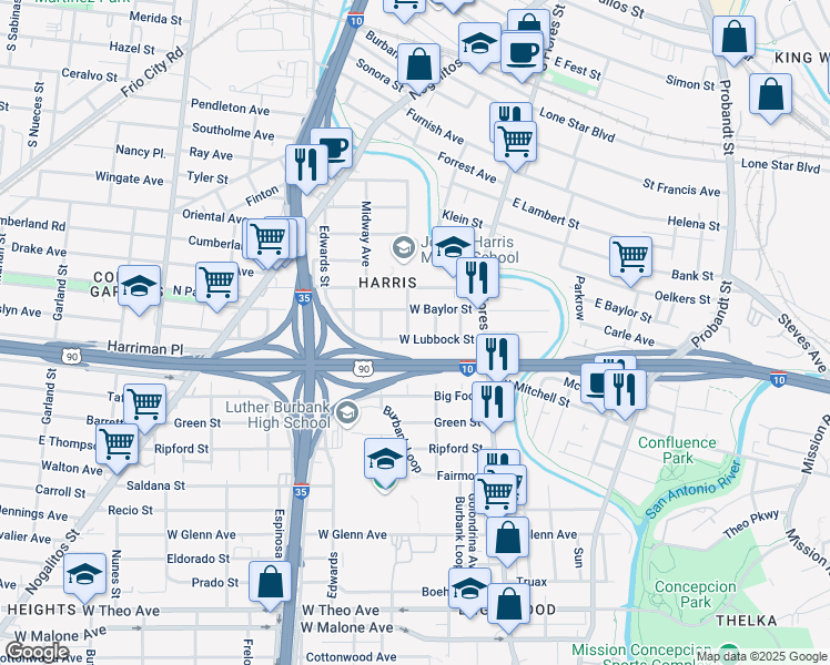 map of restaurants, bars, coffee shops, grocery stores, and more near 302 West Lubbock Street in San Antonio