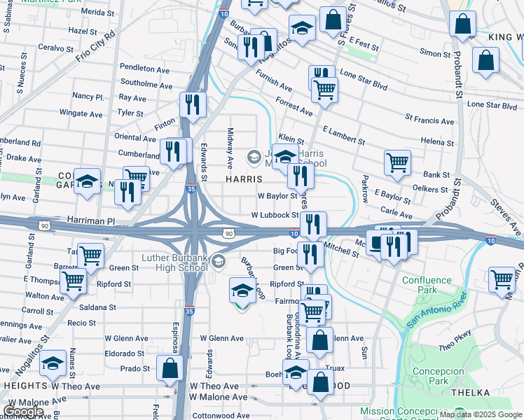 map of restaurants, bars, coffee shops, grocery stores, and more near 302 West Lubbock Street in San Antonio
