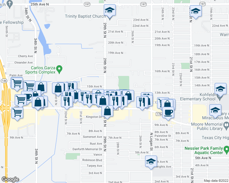 map of restaurants, bars, coffee shops, grocery stores, and more near 2814 13th Avenue North in Texas City