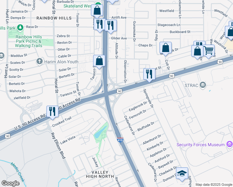map of restaurants, bars, coffee shops, grocery stores, and more near U.S. 90 Access Road in San Antonio