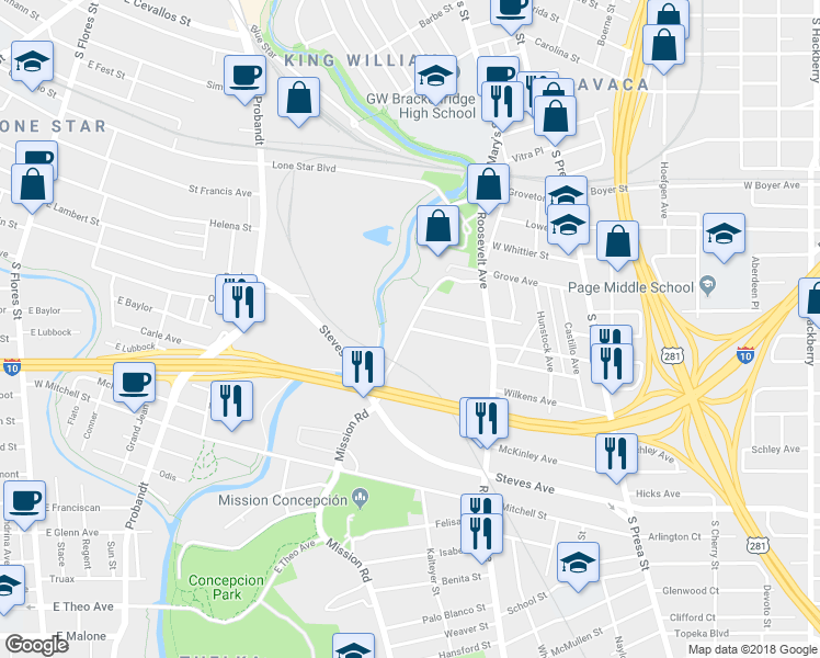 map of restaurants, bars, coffee shops, grocery stores, and more near 300 Mission Road in San Antonio