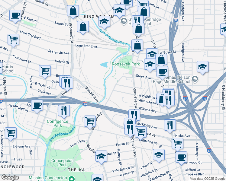 map of restaurants, bars, coffee shops, grocery stores, and more near 300 Mission Road in San Antonio