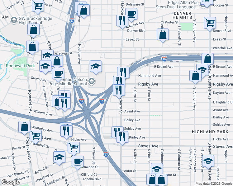 map of restaurants, bars, coffee shops, grocery stores, and more near 2001 South Hackberry in San Antonio