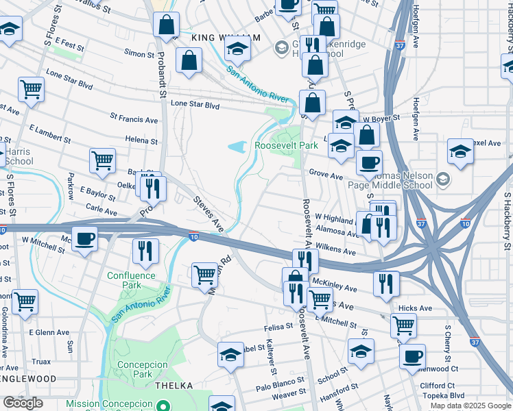 map of restaurants, bars, coffee shops, grocery stores, and more near 564 West Highland Boulevard in San Antonio