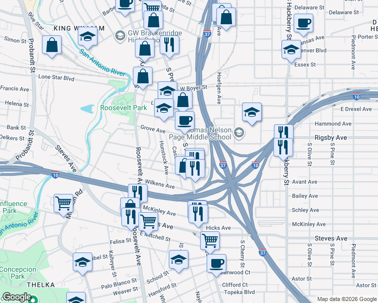 map of restaurants, bars, coffee shops, grocery stores, and more near 2410 South Presa Street in San Antonio