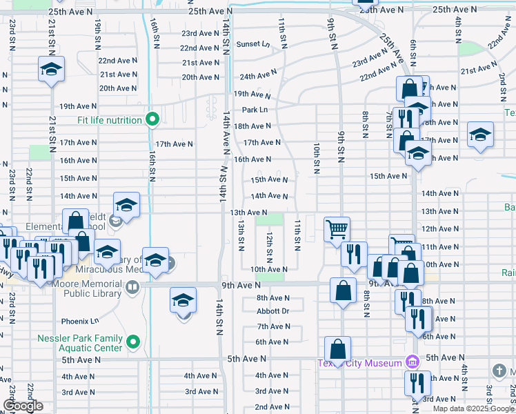 map of restaurants, bars, coffee shops, grocery stores, and more near 1207 1/2 12th 1/2 Street North in Texas City