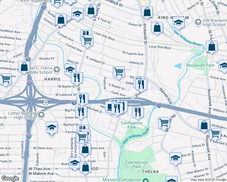 map of restaurants, bars, coffee shops, grocery stores, and more near 503 East Lubbock in San Antonio