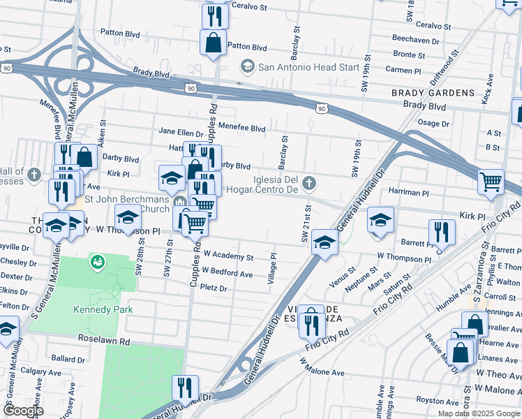 map of restaurants, bars, coffee shops, grocery stores, and more near 1222 Kirk Place in San Antonio