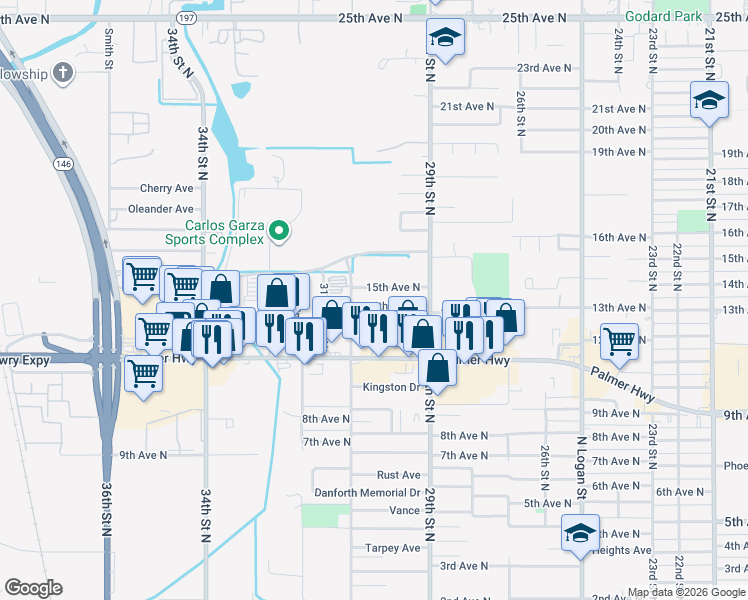 map of restaurants, bars, coffee shops, grocery stores, and more near 3014 14th Avenue North in Texas City