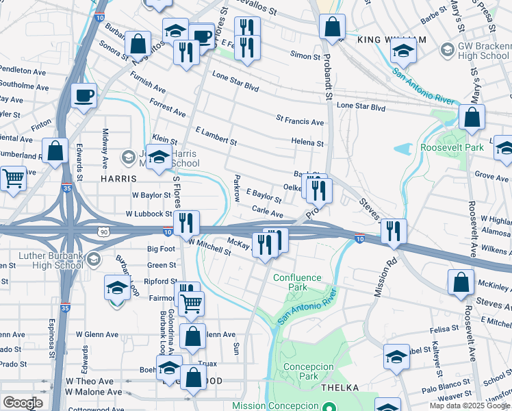 map of restaurants, bars, coffee shops, grocery stores, and more near 223 Carle Avenue in San Antonio