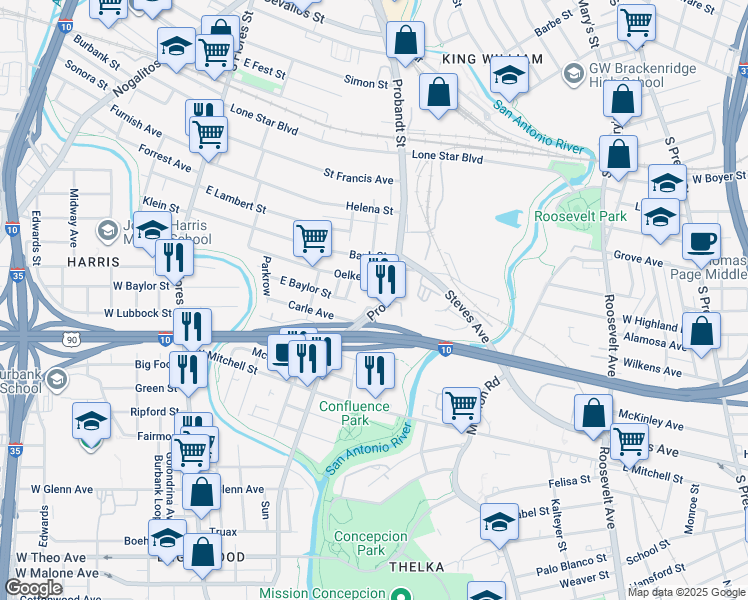 map of restaurants, bars, coffee shops, grocery stores, and more near in San Antonio