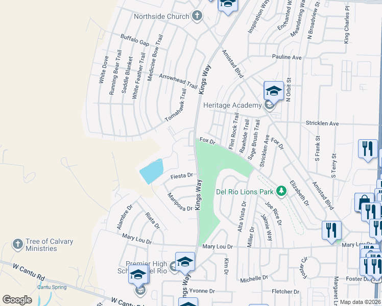 map of restaurants, bars, coffee shops, grocery stores, and more near 1305 Kings Way in Del Rio