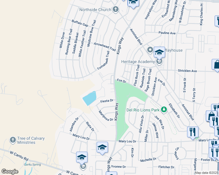 map of restaurants, bars, coffee shops, grocery stores, and more near 199 Windcrest Cir in Del Rio