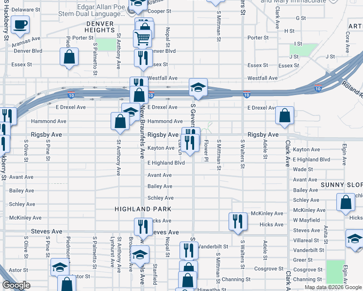 map of restaurants, bars, coffee shops, grocery stores, and more near 812 Kayton Avenue in San Antonio