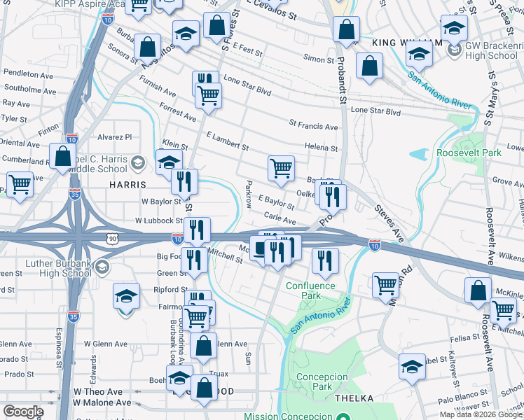 map of restaurants, bars, coffee shops, grocery stores, and more near 413 East Lubbock in San Antonio
