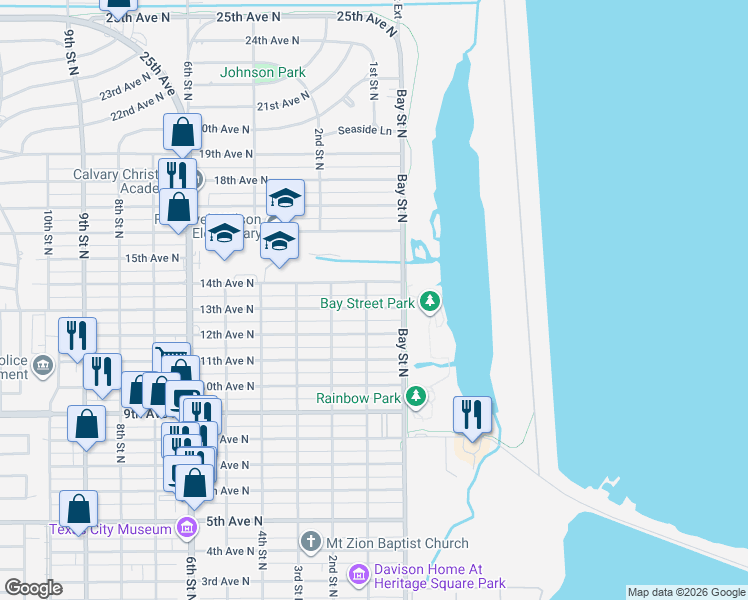map of restaurants, bars, coffee shops, grocery stores, and more near 21 13th Avenue North in Texas City