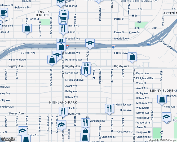 map of restaurants, bars, coffee shops, grocery stores, and more near 2205 South Gevers Street in San Antonio