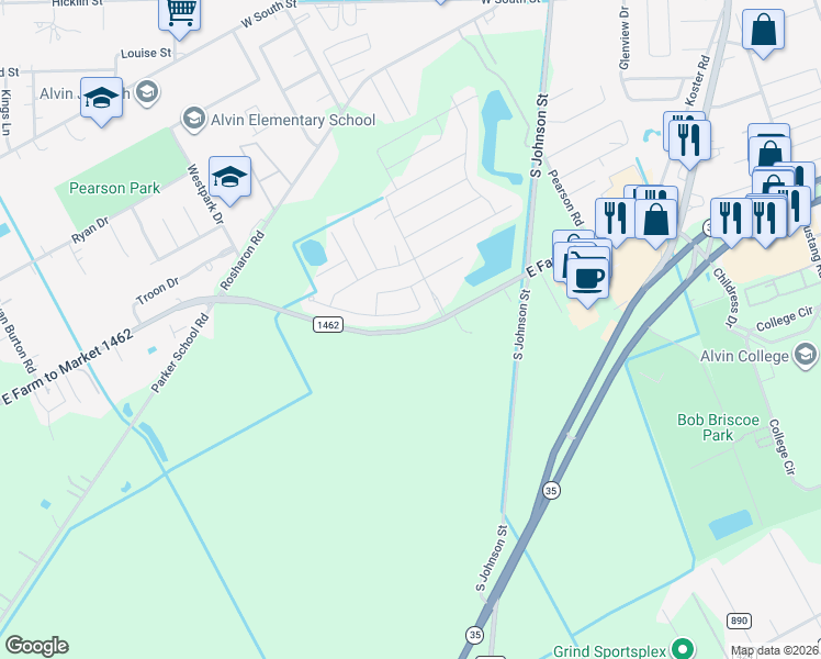map of restaurants, bars, coffee shops, grocery stores, and more near 11462 Farm to Market 1462 in Alvin