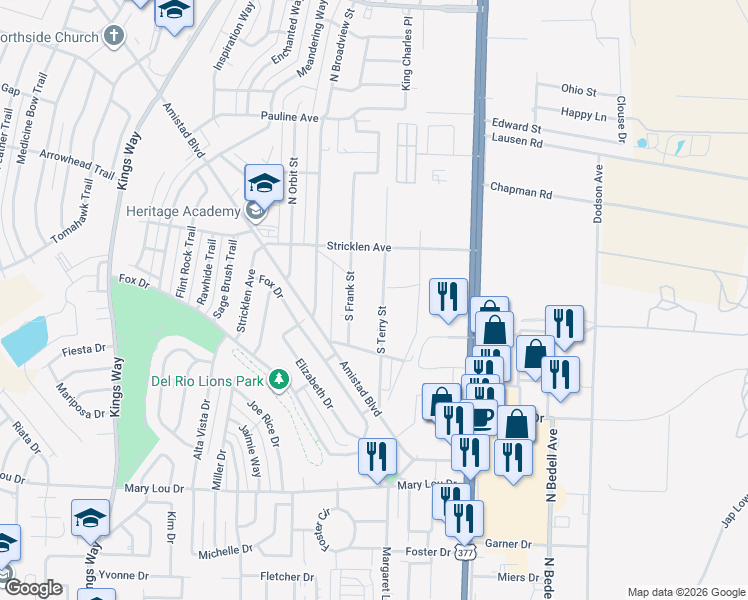 map of restaurants, bars, coffee shops, grocery stores, and more near 113 South Terry Street in Del Rio