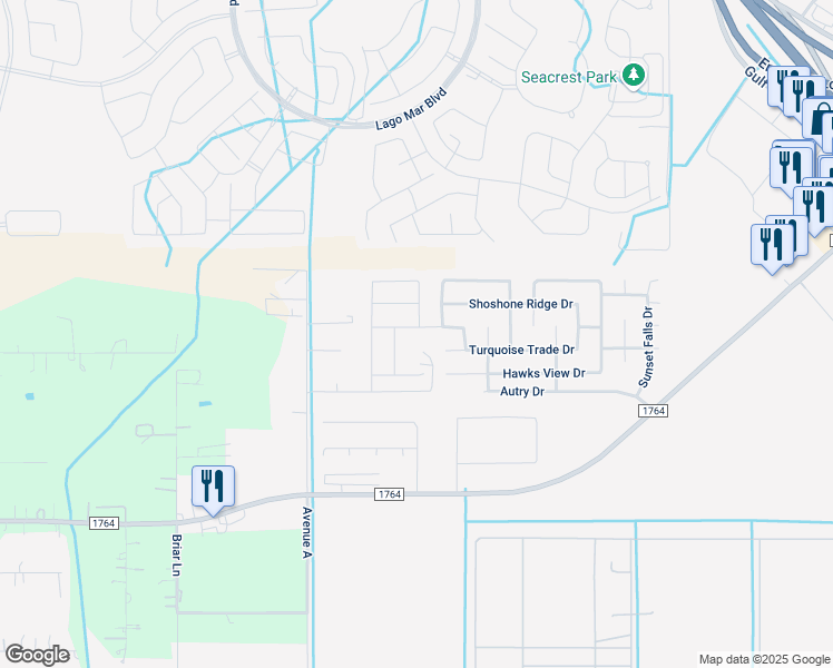 map of restaurants, bars, coffee shops, grocery stores, and more near 104 Comanche Plains Road in Galveston County