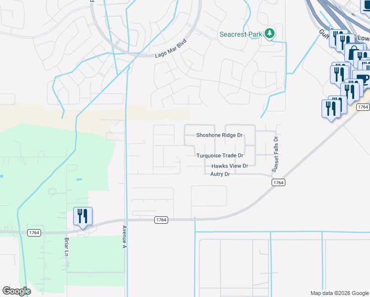 map of restaurants, bars, coffee shops, grocery stores, and more near 339 Shoshone Ridge Drive in La Marque