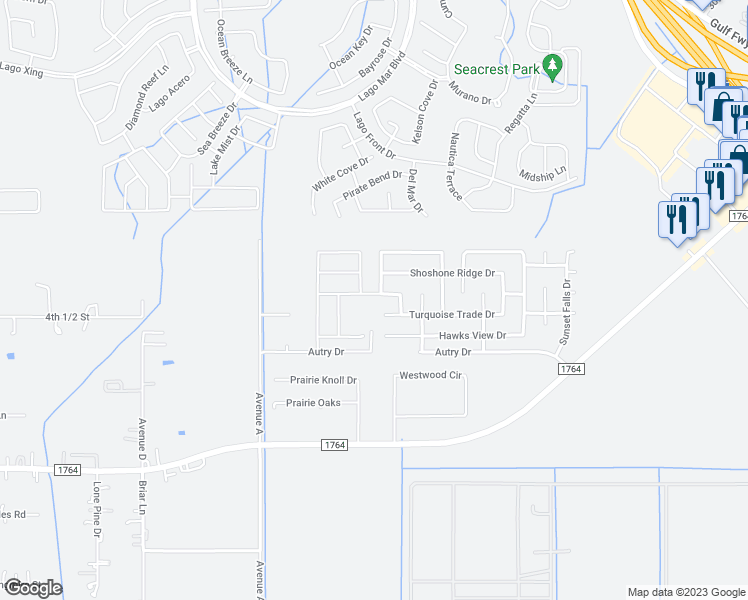 map of restaurants, bars, coffee shops, grocery stores, and more near 345 Comanche Plains Road in La Marque