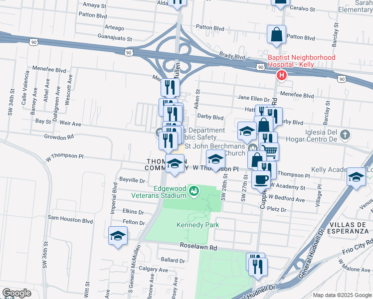 map of restaurants, bars, coffee shops, grocery stores, and more near 3147 Weir Avenue in San Antonio