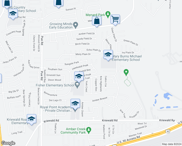 map of restaurants, bars, coffee shops, grocery stores, and more near 9831 Carswell Peak in San Antonio