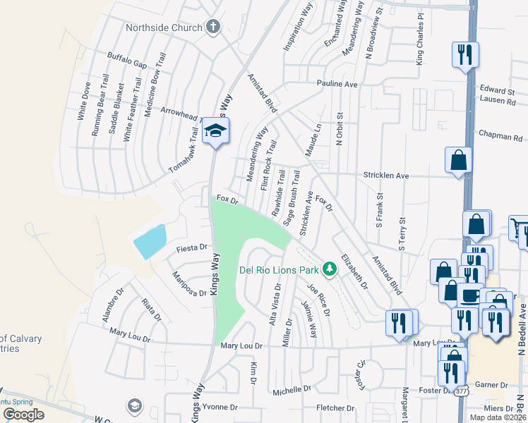 map of restaurants, bars, coffee shops, grocery stores, and more near 112 Flint Rock Trail in Del Rio