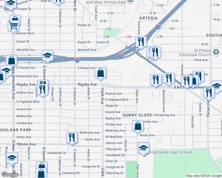 map of restaurants, bars, coffee shops, grocery stores, and more near 53 Hallie Avenue in San Antonio