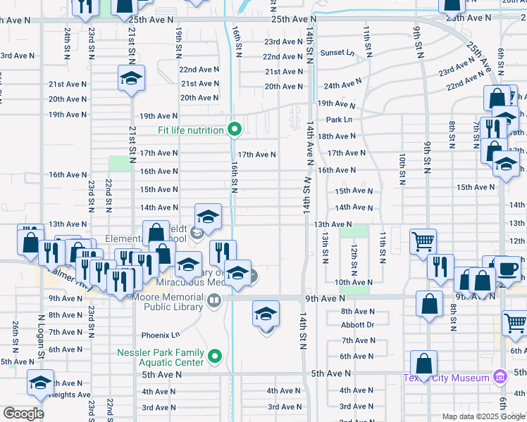 map of restaurants, bars, coffee shops, grocery stores, and more near 1510 14th Avenue North in Texas City