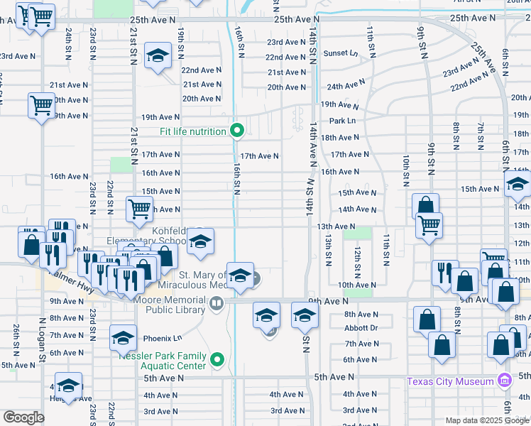 map of restaurants, bars, coffee shops, grocery stores, and more near 1510 14th Avenue North in Texas City