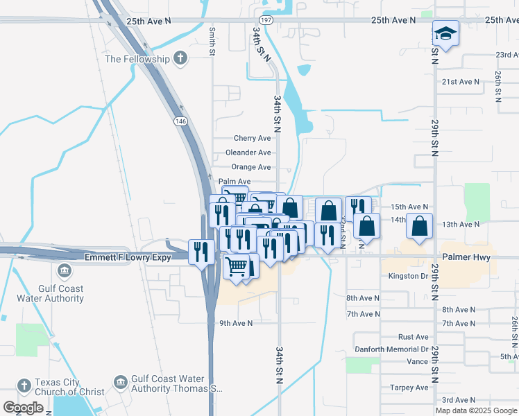 map of restaurants, bars, coffee shops, grocery stores, and more near 3416 Magnolia Avenue in Texas City
