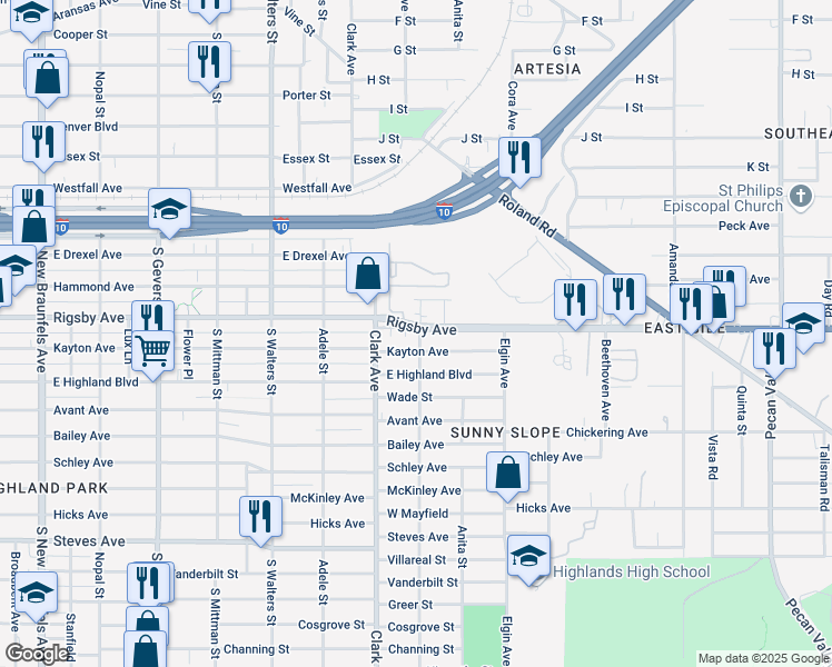 map of restaurants, bars, coffee shops, grocery stores, and more near 53 Hallie Avenue in San Antonio