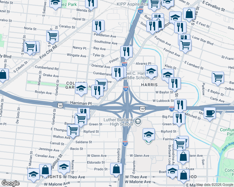 map of restaurants, bars, coffee shops, grocery stores, and more near 618 Pruitt Avenue in San Antonio