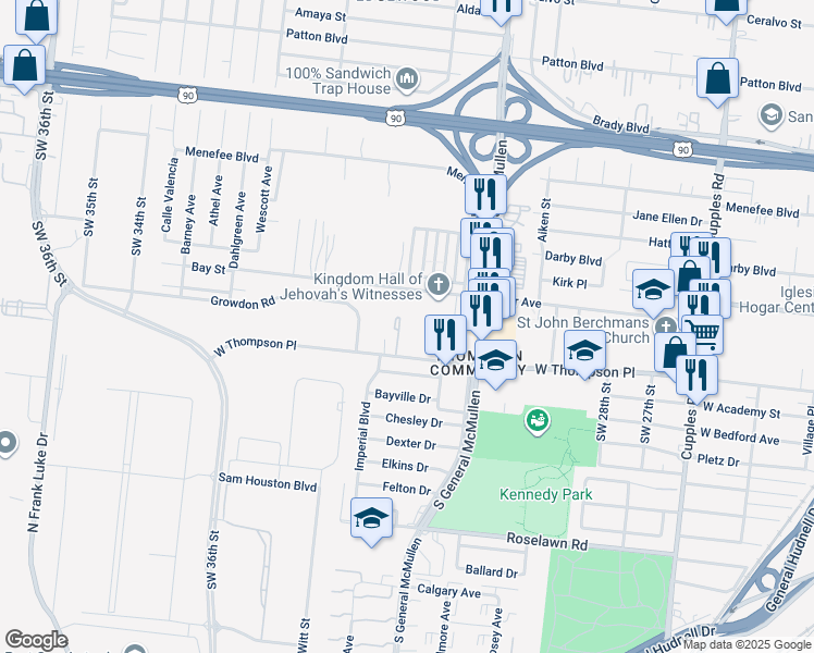 map of restaurants, bars, coffee shops, grocery stores, and more near 1869 West Thompson Place in San Antonio