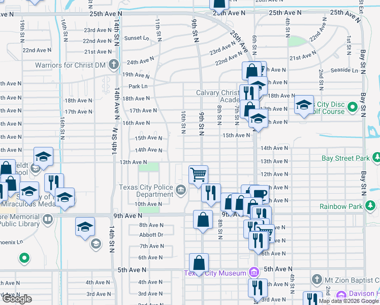 map of restaurants, bars, coffee shops, grocery stores, and more near 912 14th Avenue North in Texas City