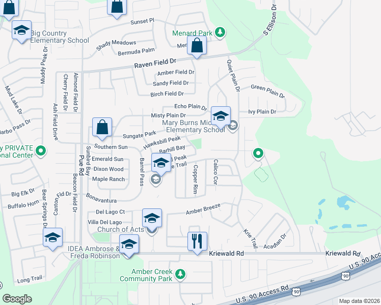 map of restaurants, bars, coffee shops, grocery stores, and more near 9811 Barhill Bay in San Antonio