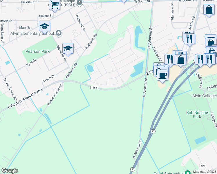 map of restaurants, bars, coffee shops, grocery stores, and more near 1259 Steed Bluff Drive in Alvin
