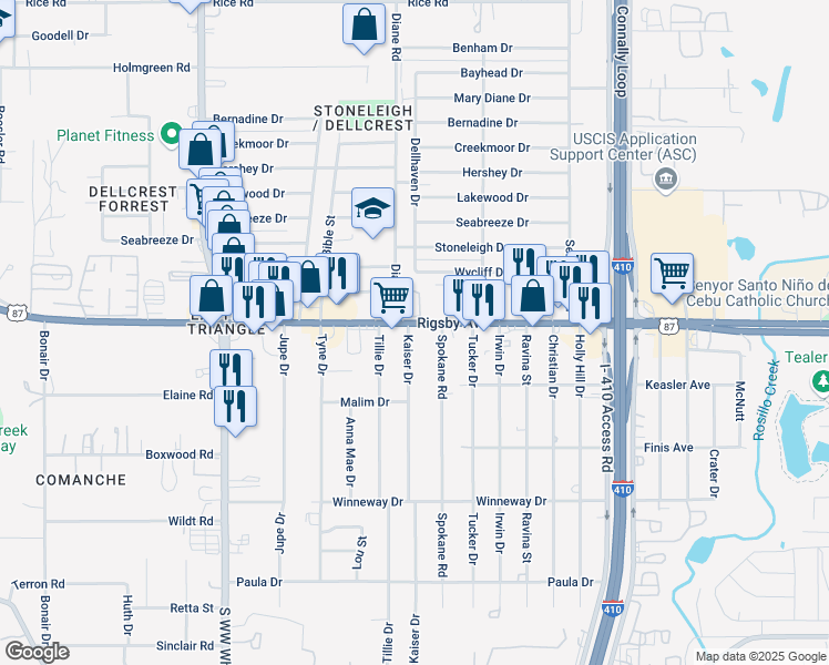 map of restaurants, bars, coffee shops, grocery stores, and more near 4741 Rigsby Avenue in San Antonio
