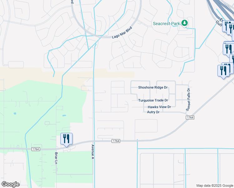 map of restaurants, bars, coffee shops, grocery stores, and more near 104 Comanche Plains Road in Galveston County