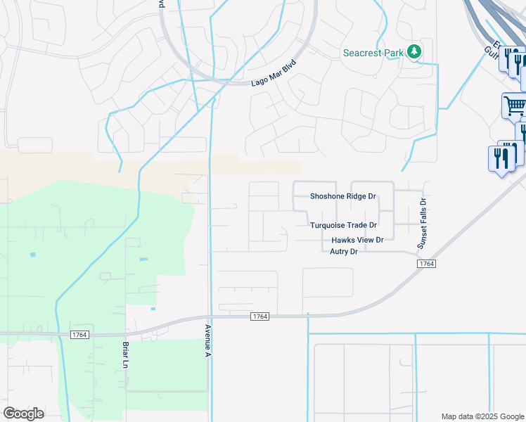 map of restaurants, bars, coffee shops, grocery stores, and more near Comanche Plains Road in Galveston County