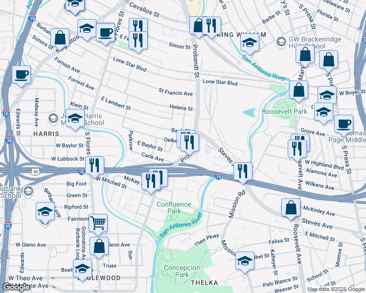 map of restaurants, bars, coffee shops, grocery stores, and more near 275 Oelkers in San Antonio