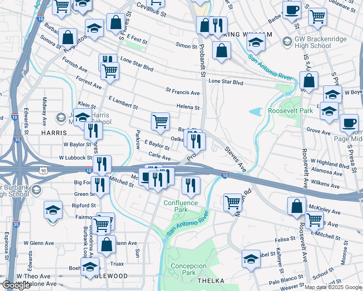 map of restaurants, bars, coffee shops, grocery stores, and more near 227 Oelkers in San Antonio