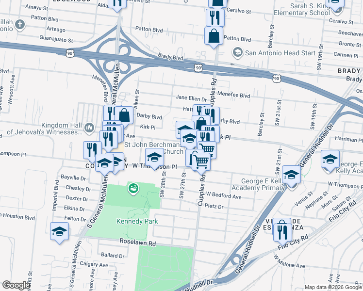 map of restaurants, bars, coffee shops, grocery stores, and more near 3003 Weir Avenue in San Antonio