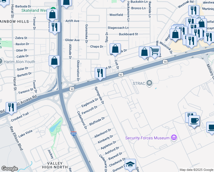 map of restaurants, bars, coffee shops, grocery stores, and more near 7678 West US Highway 90 in San Antonio