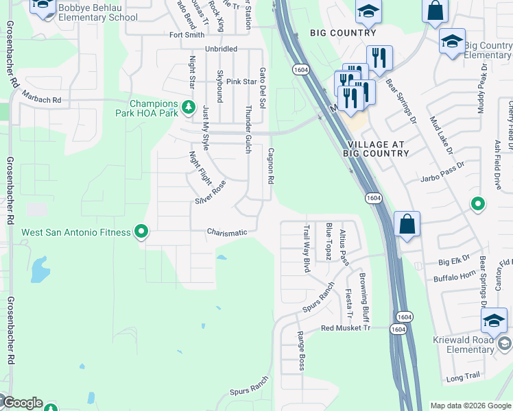 map of restaurants, bars, coffee shops, grocery stores, and more near 3034 Sunday Song in San Antonio