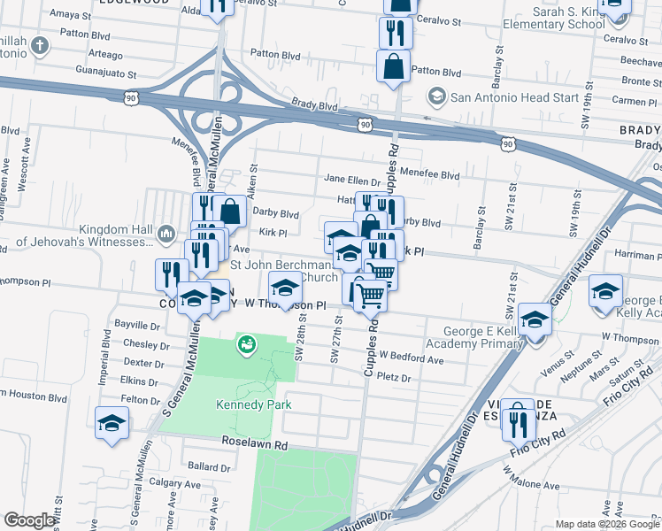map of restaurants, bars, coffee shops, grocery stores, and more near 3003 Weir Avenue in San Antonio